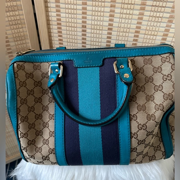 Gucci Handbags - 💎Authentic 💎 Gucci Vintage Web Boston GG Canvas Stripe Handbag turquoise,